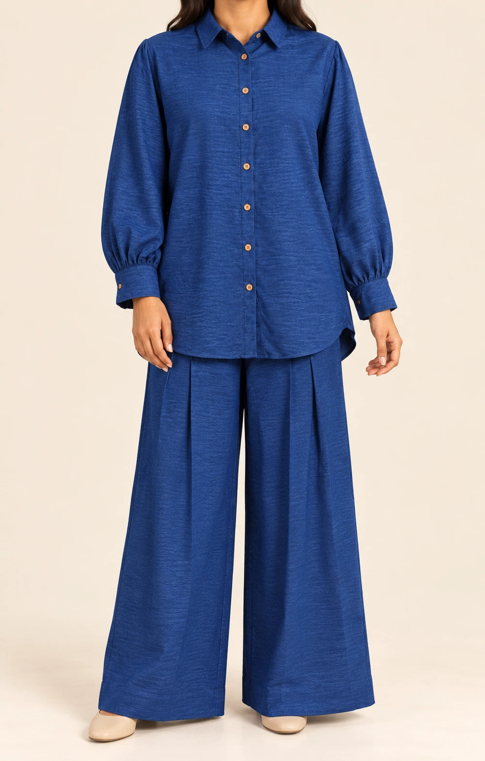 Cobalt blue shirt and wide-leg trousers from EWA's Into The Earth collection