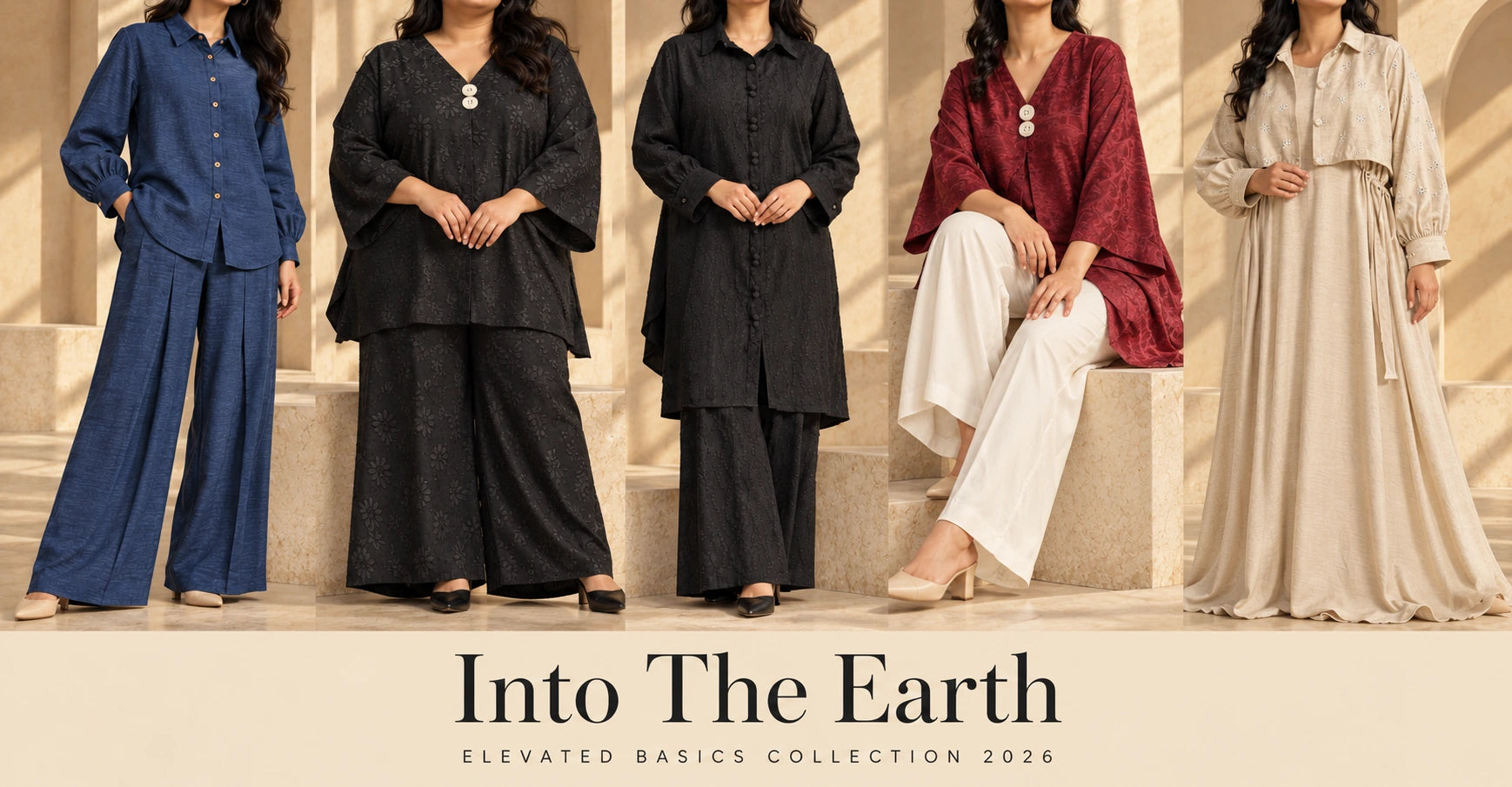 Into The Earth collection featuring Cobalt, Nightbloom, Noir, Cherrywood and Sandstone